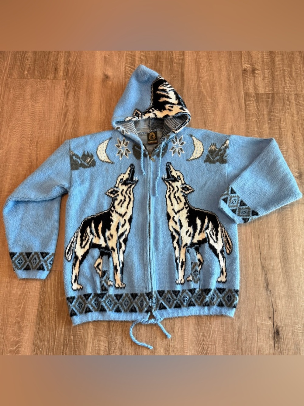Tejidos Ruminahui Ecuador Wolf Coyote Hooded Sweater Large Andean Full Zip Blue